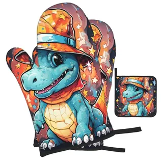 Mexpekil Ofenhandschuhe und Topflappen, Set mit 3 lustigen Baby-Dinosaurier-Stern-Ofenhandschuhen, hitzebeständig, rutschfest, 1 Paar Ofenhandschuhe, 1 Topflappen-Pad zum Backen, Grillen, Grillen,