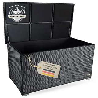 RS Trade Auflagenbox wasserdicht XXL, Gartenbox, Aufbewahrungsbox Garten, Kissenbox Outdoor, Gartentruhe, große Gartenkiste für Polster, wetterfeste Garten-Aufbewahrung, Polyrattan, 950l, schwarz