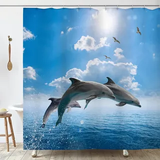 OCEUMACO Delfin Duschvorhang 200x200 Anti Schimmel Wasserdicht Textil Shower Curtains Blau Ozean Meer Delphin Duschvorhänge Badewanne Waschbar Stoff aus Polyester Bad Vorhang mit Haken