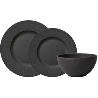 Villeroy & Boch Manufacture Rock Teller-Set 6-teilig, Schwarz, Tafelservice für 2 Personen, Speiseteller ø 27 cm/Frühstücksteller ø 22 cm/Bol ø 14 cm, Premium Porzellan, Schiefer-Optik