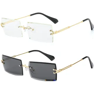YUELUQU Retro Rahmenlose Sonnenbrille für Damen Herren Mode Retro Rechteck Brille Quadratische durchsichtige Sonnenbrille (B-transparent+schwarz) - M