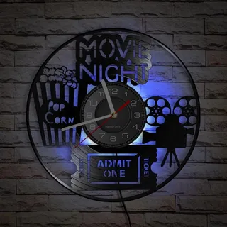 Smotly Vinyl-Wanduhr, Kunstuhr für Kino-Paket, mit 7-farbigem Licht, eine Wanduhr als Geschenk für Film-Enthusiasten (mit Licht/Geschenk: Haken + Geschenkbeutel)