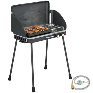 2-in-1 Tragbarer Propangasgrill (7 Kw), Tisch- Oder Standgerät, Mit Großer Grillplatte Und Abnehmbaren Beinen – Schwarz