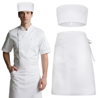 DiULi Kochschürze, 2er Kellnerschürze Weiß für Männer Damen mit Hut Taschen, Groß Kurz Koch Schürzen 66.5x65.5cm, Apron zum Kochen, Reinigen, Malen, Gärtnern