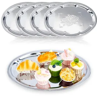 DICOSMETIC 5 Stück Große Silber Servierplatten Set 40.6x29.6x1.5 cm Edelstahl BBQ Grill Tabletts Ovale Blumen Gravur Tablett Metall Servierplatte für Essen Kekse Desserts Tisch Party Zuhause