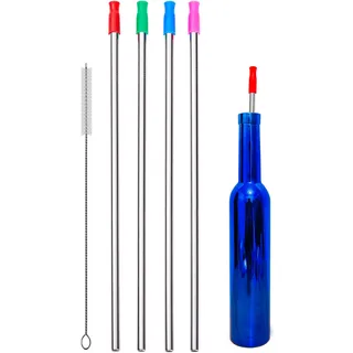 Wobye 4 Stück 35,6 cm extra lange 0,8 cm große, breite wiederverwendbare Edelstahl-Metall-Trinkhalme mit Reinigungsbürste und Silikonspitze für 128 100 75 64 1134 ml große Wasserflasche, hohe Becher