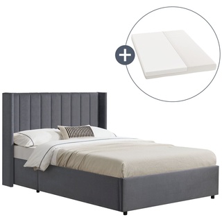 Juskys Polsterbett Savona 140x200 cm mit Bettkasten, H3 Matratze, Samt-Bezug, bis 250kg - Dunkelgrau