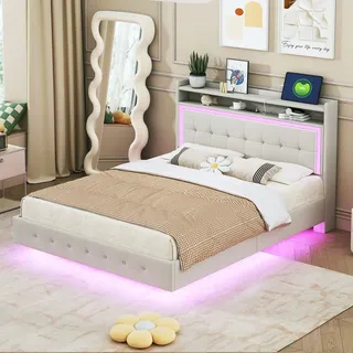 Flieks Polsterbett 140x200cm mit USB und LED, Doppelbett mit Lattenrost, Jugendbett Holzbett mit Ablage, Klassisches Bett, Leinen, Beige - Beige