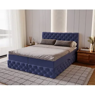 Kaiser Möbel Boxspringbett Chesterfield-Kontinentalbett Luxury Stoff Royal Velvet (Bett-Set mit Matratze und Topper), Bettkasten und Topper und Matratze blau 120 cm x 200 cm