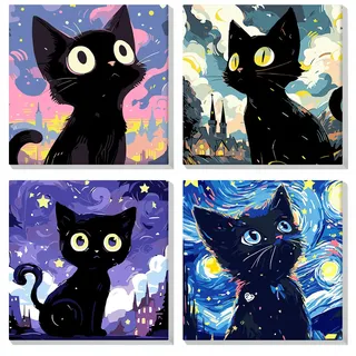 MOGTAA 4 Pack Katze Malen Nach Zahlen Erwachsene mit Rahmen, Sternenhimmel Malen nach Zahlen Kits für Erwachsen Anfänger, DIY Acrylfarben Ölgemälde Leinwand Set für Home Dekor, 20x20cm