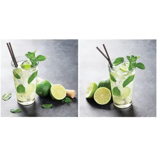 levandeo 2er Set Glasbild 30x30cm Wandbild Glas Cocktail Mojito Limetten Küche Deko Wanddeko Cocktailbar Küchendeko Küchenbild