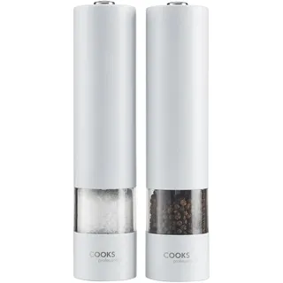 Cooks Professional Elektrisches automatisches Salz- und Pfeffermühlen-Set | Bambusständer | batteriebetriebene Mühlen | verstellbares Mahlen | Gewürzmühle für Küchenzubehör | Weiß