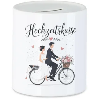 Hochzeitskasse Spardose für Brautpaar auf Fahrrad, weiß - Sparschwein Geldgeschenk zur Hochzeit, Wunscherfüller zum Ehejubiläum