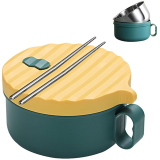 Ramen Schüssel, Edelstahl Ramen Bowl mit Essstäbchen, 1200ML Japanische Suppenschüssel, Ramenschüssel mit Deckel, Schüssel Instant, Japanisches Geschirr (Grün+Gelb)