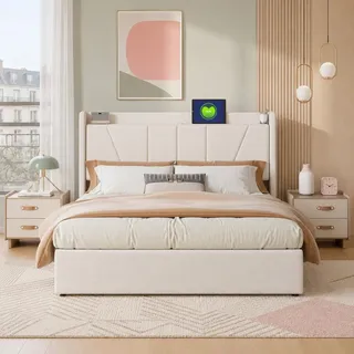 INONEFT Boxspringbett 140x200cm mit USB und Typ-C, polsterbett mit hydraulik stauraum, doppelbett mit bettkasten und lattenrost, leinen beige - Beige