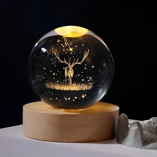 Weihnachtsdeko Kristall Weihnachtskugeln Mit LED Kristallkugel Mit Holz Deko Figuren, Schneemann Beleuchtet Personalisiertes Geschenk Für Weihnachten Deko, Frauen, Kinder, Geburtstag (Elch,8cm)
