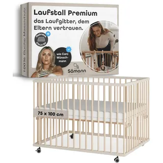 Sämann Baby Laufstall aus Holz I Baby Laufgitter 75x100 cm Sahara Dust/Natur I Inkl. Matratze Cloud Air I Robuster & höhenverstellbarer Laufstall aus Buchenholz I Mit gummierten Rollen & TÜV geprüft