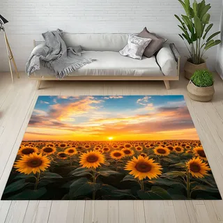 Sonnenblume Feld Fußmatte 40x60, Sonnenuntergang Landhausstil Teppich Klein Rutschfest, Rustikale Natur Landschaft Waschbarer Teppich Kurzflor, Teppiche Gegend Schmutzfangmatte fur Innen Eingang