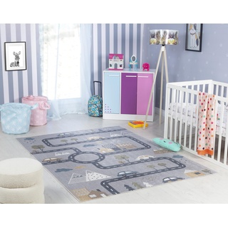 Surya Auto-Spielmatte Kinderteppich - Cartoon Teppich Kinderzimmer oder Babyzimmer, Kinderzimmerteppich, Krabbelteppich oder Spielteppich - Baby Teppich für Jungen & Mädchen, Grau 80x150cm
