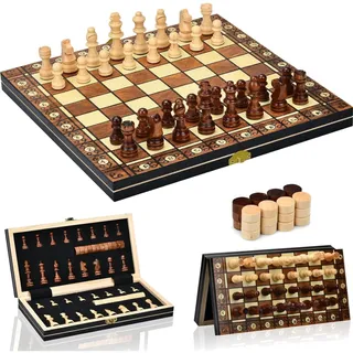 aissom Schachspiel aus Holz, 2 In 1 Schachspiel, Schachspiel Magnetisch mit Stauraum, klappbar für Party Familie Aktivitäten,reiseschach, Kinder