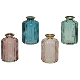 MARELIDA 4x Mini Glas Vase mit Rillen Deko Glasflasche mit Goldrand H: 10cm in bunt | Gr.: onesize