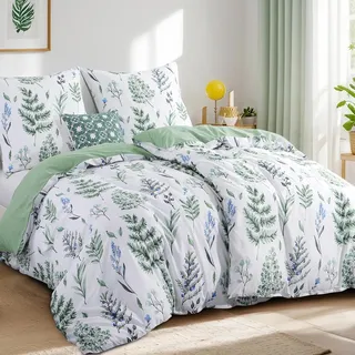 Tifschlaf Bettwäsche 135x200 4teilig, 2 Bettbezüge 135 x 200 mit 2 Kissenbezüge 80x80 cm Grün, ÖKO-TEX Mikrofaser Bettwäsche-Sets Blumen Salbeigrün Muster, Weich & Bügelfrei mit Reißverschluss
