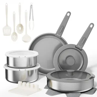 Sanho Topfset mit Abnehmbarer Griff, 21Teilig Antihaft Keramik Pfannenset | Induktion Kochtopf Set mit Deckel, PTFE/PFAS/PFOA frei, Backofen&Spülmaschinenfes, Ideal für Zuhause,Camping