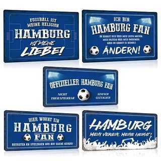 5er Set Fußball Blechschilder - Fussball Metallschild mit Spruch - Sport Schild Deko Zubehör Geschenk Fanartikel für Hamburg Fan Liebhaber Begeisterte
