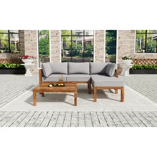 OKWISH Gartenlounge-Set für 4 Personen, (Gartenmöbel Set aus Akazie, 3-tlg., 2 Eckbänke, 1 Couchtisch), mit Sitzkissen und Kissen, verstellbaren Beinen