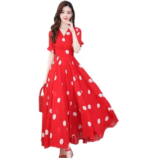 ZISTRCBAO Lässiges Langes Damenkleid Mit V-Ausschnitt – Kurzärmelige Kleider, Langes Kleid Aus Gepunktetem Chiffon, Schmales Sommerkleid Für Damen, Kleid Mit Großem Saum, Rot, M - M