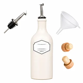 Olivenmax Steinzeug Ölflasche 500 ml – Keramik Essig & Öl Spender mit Edelstahl Ausgießer – Nachfüllbare Olivenölflasche für Küche & Tisch – inkl. Trichter & Korken (Weiß)