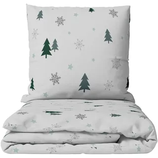 Leonado Vicenti Bettwäsche Winter flauschig warm, Fleece, 4 teilig, Thermofleece kuschelig weich, Tannen und Schneeflocken grau|weiß