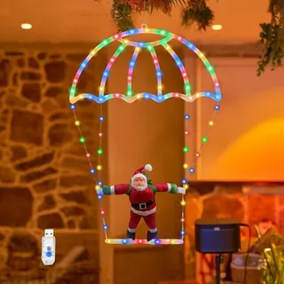 FUFRE Weihnachtsdeko Weihnachtsmann Fallschirm Lichterkette, Weihnachtsbeleuchtung Außen Mit 8 Modi und Timer, Weihnachten Deko Weihnachtsmann Hängende für Outdoor Weihnachtsbaum Fenster Balkon (C)