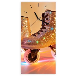 Primedeco Wanduhr Glasuhr Wandkunst Größe 30 x 60 cm mit Motiv Glitzer Rollschuhe