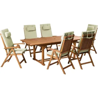 BELIANI Gartenmöbel Set Braun Akazienholz 6-Sitzer Auflagen Grün Ausziehbarer Rechteckiger Tisch Rustikal Landhaus Stil Outdoor - Braun/Grün