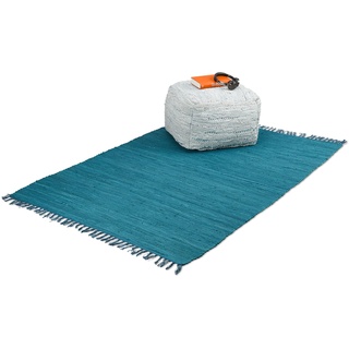 Relaxdays Flickenteppich Baumwolle, 120x180cm, Teppichläufer mit Fransen, rutschfest & handgewebt, Fleckerlteppich, blau