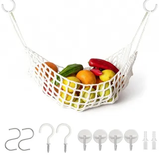 Obstkorb Hängend, Obstnetz zum Aufhängen mit 8 Haken, Hängekorb Küche Makramee aus Baumwolle, Boho Stil, für Obst und Gemüse Aufbewahrung, Unter Schrank, Wohnmobil, Zuhause, Platzsparende, Weiß