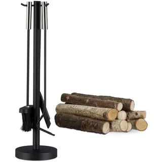 Relaxdays Kaminbesteck modern Edelstahl, Stahl, Gusseisen 0,57 m 4-teilig Schwarz