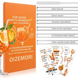 6 Stück 20cm Glasstrohhalme Aperol Spritz, Wiederverwendbar Glas Strohhalm Aperol Spritz Geschenkset mit Reinigungsbürste und 3 Rub On Sticker, für Cocktails, Smoothie und Säfte