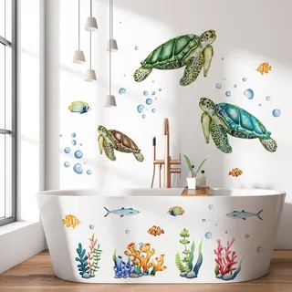 WandSticker4U®- Wandtattoo Badezimmer SCHILDKRÖTE I Wandbild: 90x76 cm I Fliesenaufkleber Bad Unterwasserwelt Meerestiere Deko Meer I Aufkleber Maritim Kinderzimmer Mädchen & Junge