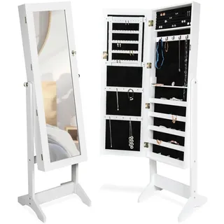 tectake® Schmuckschrank, Standspiegel mit Schmuckkasten, Spiegel groß mit Schrank Organizer für Schmuckaufbewahrung, Schmuck Organizer Geheimversteck Schrank Schlafzimmer - Weiß