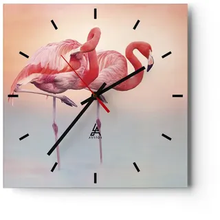 Modern Wanduhr Flamingos Exotik Vögel 30x30cm Quadrat Klein Wand Uhr Glas Analog Zimmeruhren Küche Büro Wohnzimmer Glasuhr Wall Clock Dekoration Design Wanddekoration Küchenuhr C3AC30x30-5044