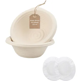 2er Set 22,5 cm Rund Brotform Gärkorb aus Zellstoff mit 2 Leinen-Einsätzen – Sauerteig Brotbackform für Artisan Sauerteigbrot
