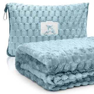 Reisedecke Kissen 2 in 1, Weiche & Warme Flugzeugdecke, Multifunktionales Tragbares Kissen mit Kopfkissenbezug, Kuscheldecke Reisekissen für Flugzeug, Reisen, Büro, Zuhause, 127x152cm (Blau)