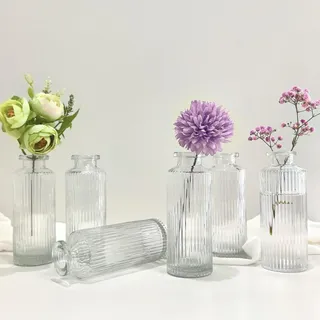 Sahallo kleinen Vasen 6 Stück Vintage Mini Glas Vase Set Gestreift 13 cm kleine Glasvase Set Fläschchen modern für Blumen als Tischdekoration Gastgeschenke Hochzeitsdekoration für Event (transparent)