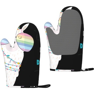 Lustiges Lama trägt Regenbogen-Gläser bedruckte Silikon-Ofenhandschuhe Sets von 2 Küche Hitzebeständige rutschfeste Mikrowelle Silikon Ofenhandschuhe zum Backen Kochen BBQ