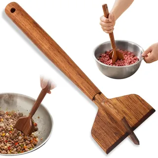 Jokapy Holz Hackfleisch Zerkleinerer mit 4 Klingen, Kartoffelstampfer, Meat Chopper, Fleischzartmacher, Hitzebeständiges Holz Hackfleisch Stampfer, Küchenutensil Kochhelfer 28,3 cm