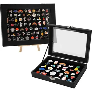 Schwarze Samt-klappvitrine, Pin-sammlung Mit Durchsichtiger Samt-pin-aufbewahrung, Holzständer Und Eisenverschlüssen