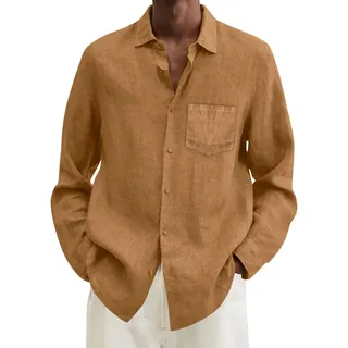 Baumwolle -Leinen-Hemd Herren Modische Langarm Regular Fit Button Down Hemd Shirts Casual Freizeithemd Stehkragenhemd Langarmhemd Strandhemd Herren