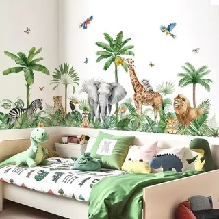 Xxl-wandtattoos Für Kinder: Dschungeltiere, Baum, Safari-wandtattoo, Giraffe, Elefant, Leopard, Tropische Blätter – Wanddekoration Für Baby- Und Kinderzimmer